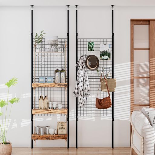 LunarLight突っ張りメッシュパネル突っ張り棒突っ張りパーテーション ワイヤーネットメッシュタイプ 幅60 x奥行2.5 x高さ165-290 cm 3連体Sフック 付き 壁掛け小物展示収納壁面収納天井間仕切り…