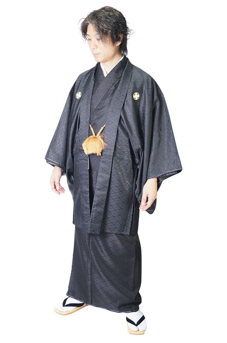 紋付 着物 羽織 メンズ 紋付2点セット アンサンブル 金刺繍家紋入 PO-35 S|M|L|LL|3 L 黒