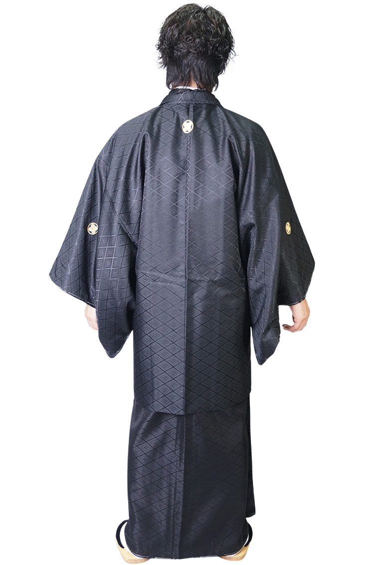 紋付 着物 羽織 メンズ 紋付2点セット アンサンブル 金刺繍家紋入 PO-35 S|M|L|LL|3 L 黒