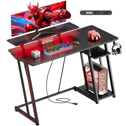 YeTomLEDゲーミングデスク幅100 cmRGB光る省スペースパソコンデスク収納付きデュアルモニター対応頑丈Z型フレーム簡単組立学習机|オフィスデスク黒い