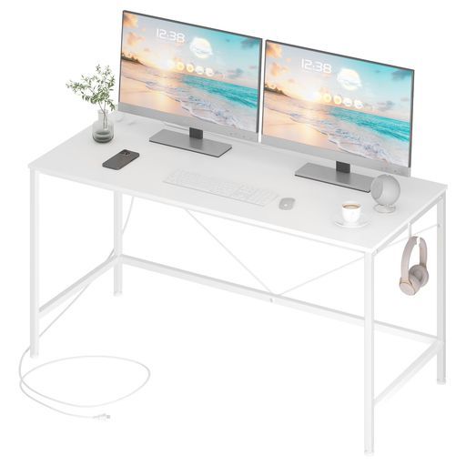 LunarLightワークデスク机幅140奥行60高さ70 cmテレワークPCパソコンデスクシングルデスク勉強机コンセント付きオフィス在宅勤務ゲーミングデスクフック付きノートパソコン用在宅勤務おしゃ…