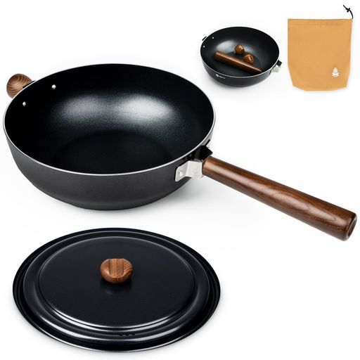 Alocsキッチン中華鍋約28 cm蓋付きIHガス火対応取っ手が取れるフライパン焦げ付きにくい炒め鍋PFOAなどの有害物質不使用体に害のない軽量キャンプ用調理器具お手入れ簡単こびりつきにくい…