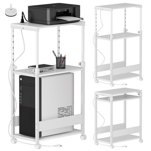 LunarLightデスクサイドワゴン幅60奥行35高さ70~101 cm昇降式コンセント付きパソコンワゴンPCラックサイドテーブル収納ワゴンデスクワゴン収納ラックコンセント付き
