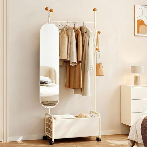 NODIBRO全身鏡姿見ハンガーラック付キャスター付全身ミラーアーチ型収納かご付HD鏡面鏡幅30 cm 3 in 1の機能スタンドスリム飛散防止大型一人暮らし北欧おしゃれナ日本語説明書付き ホワイト