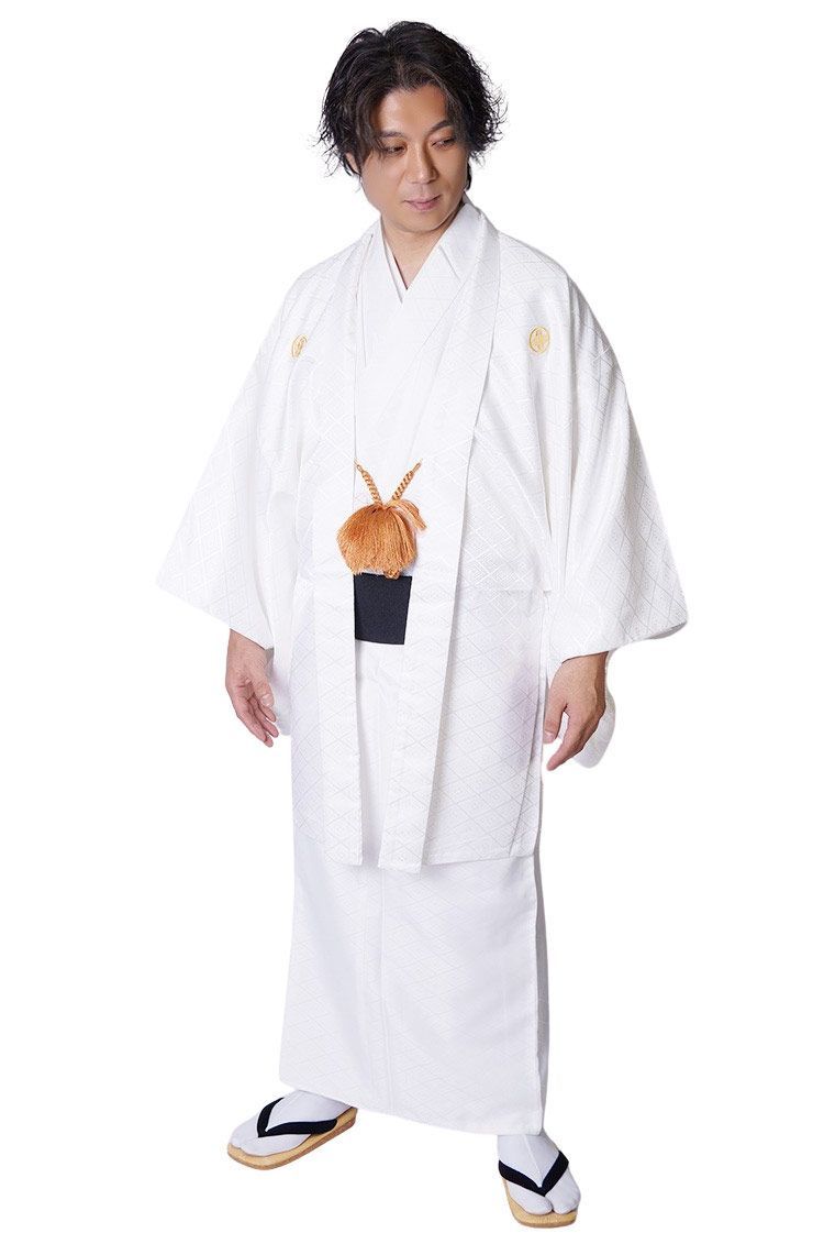 紋付 着物 羽織 メンズ 紋付2点セット アンサンブル 金刺繍家紋入 PO-35 S|M|L|LL|3 L 白