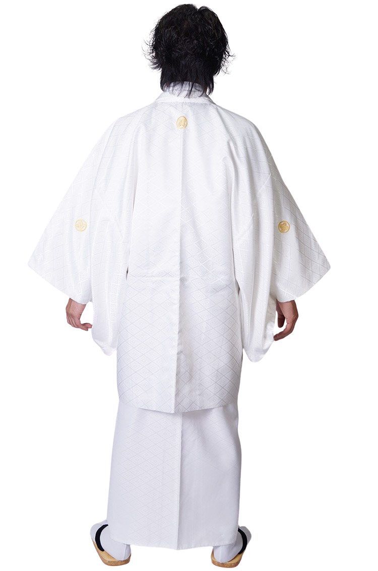 紋付 着物 羽織 メンズ 紋付2点セット アンサンブル 金刺繍家紋入 PO-35 S|M|L|LL|3 L 白