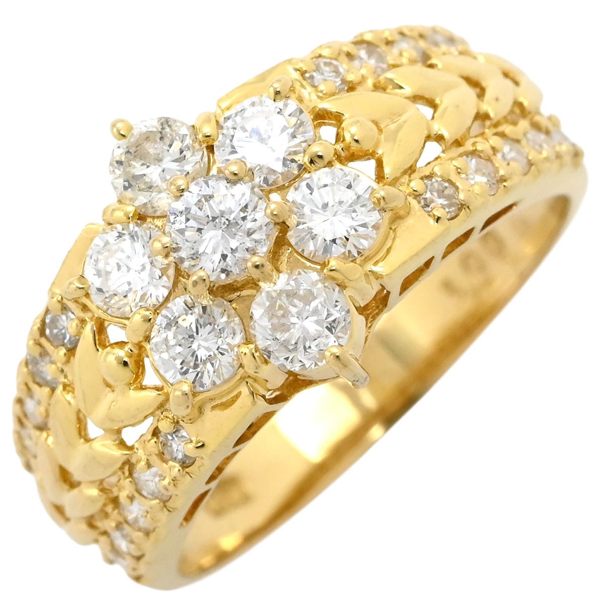 リング 指輪 ダイヤモンド 1.00 ct イエローゴールド ブリリアントカット 18 K 750 YG フラワーモチーフ 11号