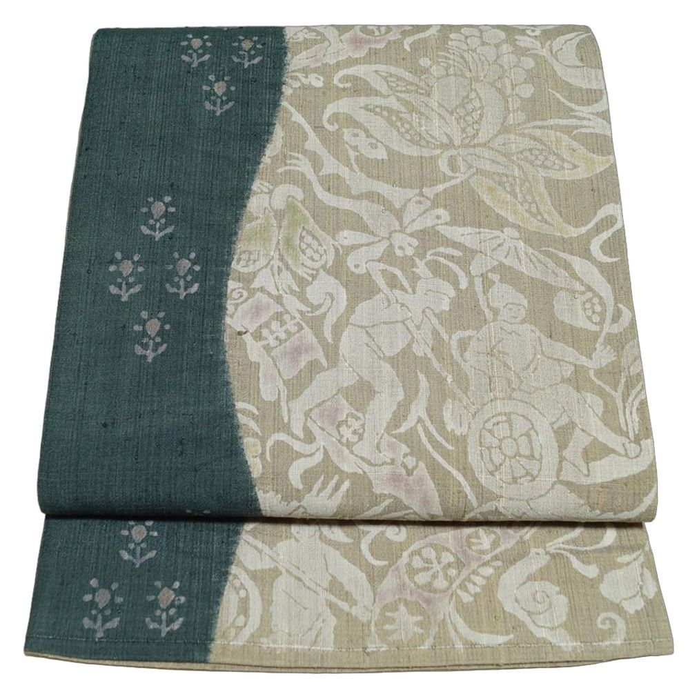 洒落袋帯 生紬 古代人物 更紗模様 紬地 五通柄 袋帯 リサイクル リサイクル着物 正絹 カジュアル 帯 着物 和服