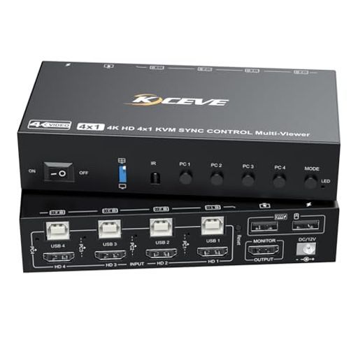 KCEVE 4 KシームレスKVMスイッチ4入力1出力1秒で瞬時に切り替え ホットキーHDMIKVM切替器PC 4台とモニター1台対応キーボード マウスを4 PCで共有ゲーム機|PC|Mac|Window|防犯カメラなど対応画面分割…