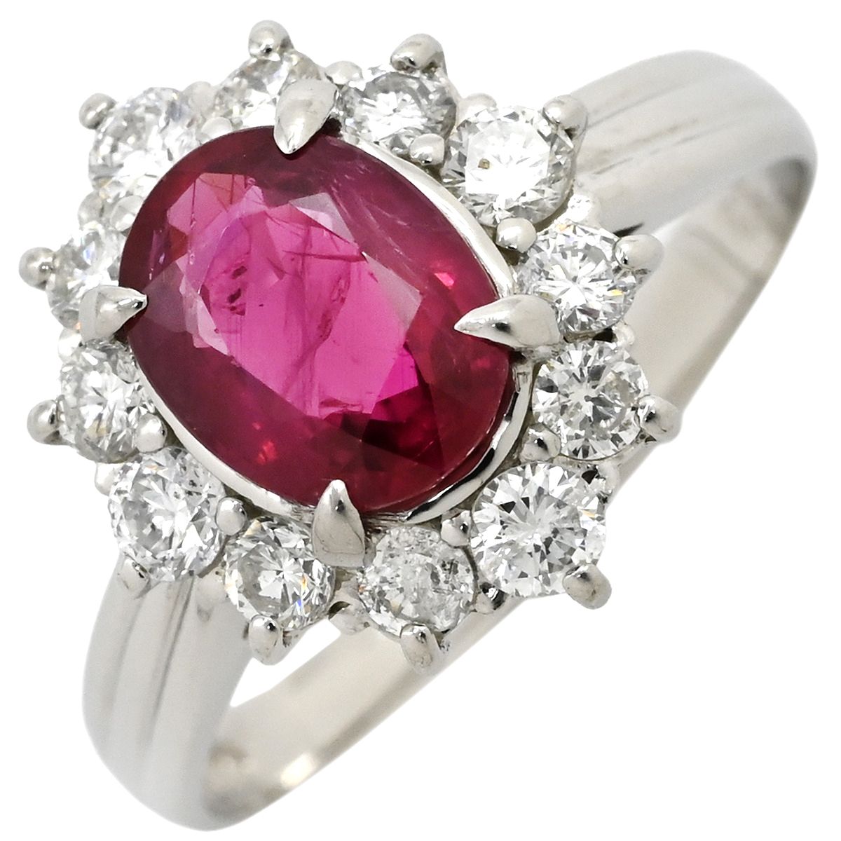 リング 指輪 ルビー 1.819 ct ダイヤ 0.63 レッド×プラチナシルバー 赤 1 P 1石 1粒 プラチナ Pt 900 メレダイヤ パヴェ ヘイローデザイン オーバル 13号