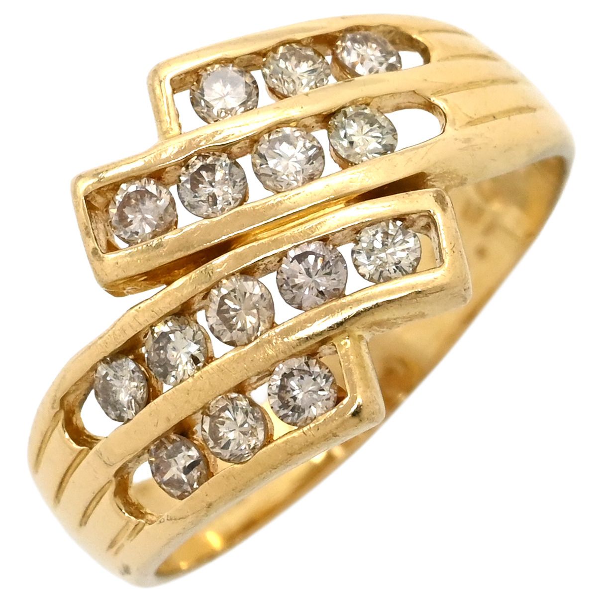 リング 指輪 ダイヤ 0.50 ct イエローゴールド Au 750 18 K 18金 メレダイヤ 15 P 15石 15粒 クロスライン ジグザグデザイン ウェーブ バイパス 11号