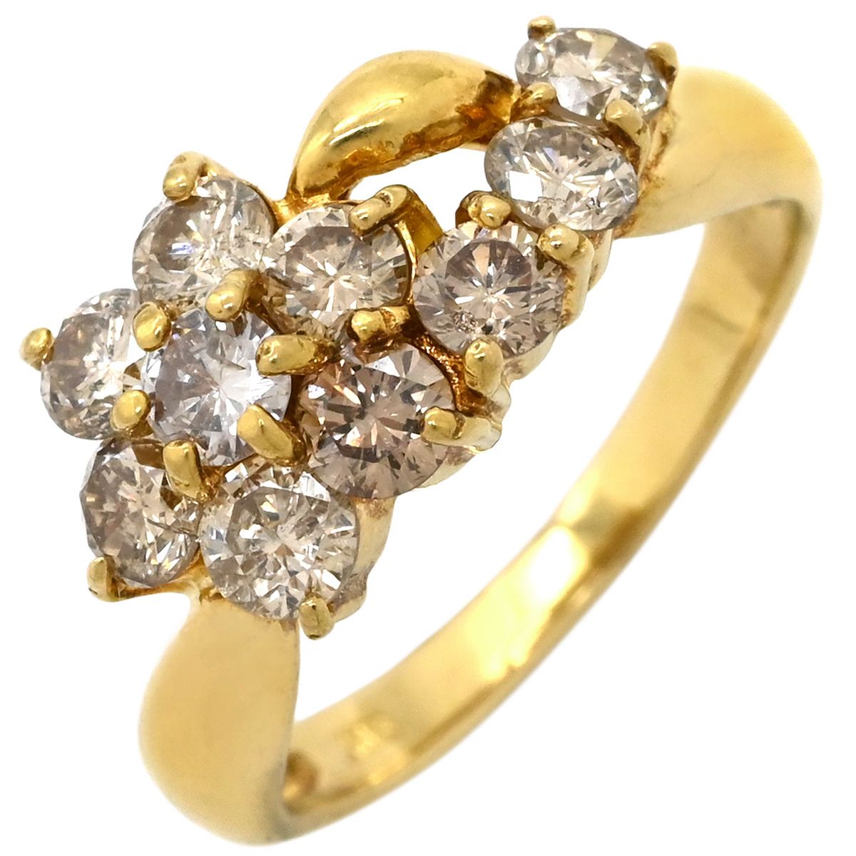 リング 指輪 ダイヤ 1.0 ct イエローゴールド Au 750 18 K 18金 10 P 10石 10粒 フラワーモチーフ 花 パヴェダイヤ クラスターセッティング 9号