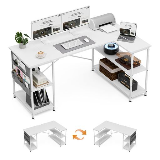 FryLRパソコンデスクL字机幅150 cmパソコンラックおしゃれテーブルゲーミングデスクモニターアームをつける配線穴付きミシン台在宅勤務テレワーク ホワイト