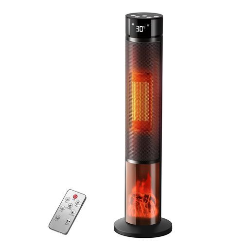 セラミックヒーターヒーター速暖 2025新開発-ECO恒温省エネ-マイナスイオン 電気ファンヒータータワー型3 D疑似炎LCDディスプレイ左右自動首振り空気清浄冷暖兼用10 W|800 W|1200 W三段階切替…