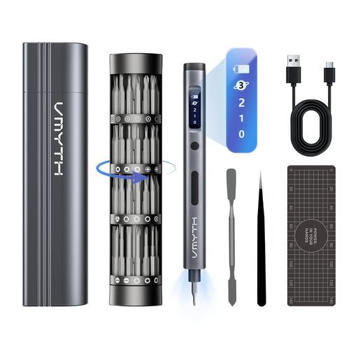 VMYTHiDriverES 1電動精密ドライバー66 in 1精密ドライバーセット3段階トルク最大3.5 N.mペン型ポップアップ ケースUSB-C充電式5|32インチ正逆転液晶ディスプレイLEDライトスマホメガネ