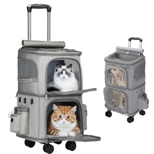 ペットキャリーバック2匹猫多頭飼いペットキャリー2段式キャリーペットカート4輪多頭猫リュックキャリーカート折りたたみ可拡張性通気性安定性耐荷重は12 KG猫犬中型2匹用ペットカート…