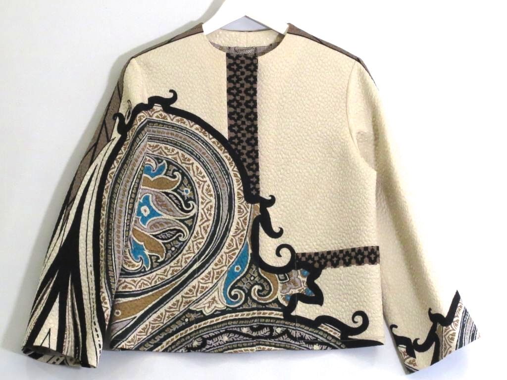 228771 Made in Italy ETRO エトロ ノーカラージャケット ウール×シルク 膨れジャガード ペイズリー 40 142-17594-9135