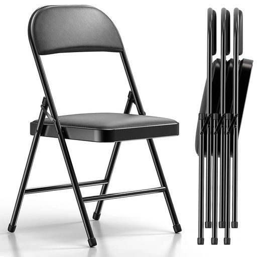 めっちゃ座り心地いい パイプ椅子4脚セット折りたたみチェア背もたれ 金属製革製座面耐荷重150 kgブラック 簡易軽量シンプルおしゃれオシャレ折り畳みチェアイスいす会議椅子ダ…