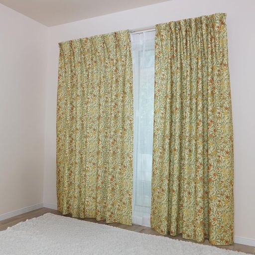 カエイレース 防炎カーテン セット 厚地 レース 日本製 ウィリアムモリス Fruitフルーツ 断熱保温3級遮光 ミラーレース 程よい透け感で風を感じるナチュラ…