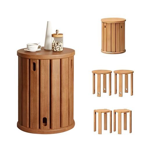 ESLUVEスツール木製サイドテーブルキッチンスツール食卓椅子完成品ソファデーブルキャスター付き収納円形重ねる椅子コンパクト天然木スタンキングスツールセット無垢材北欧ダイニング…