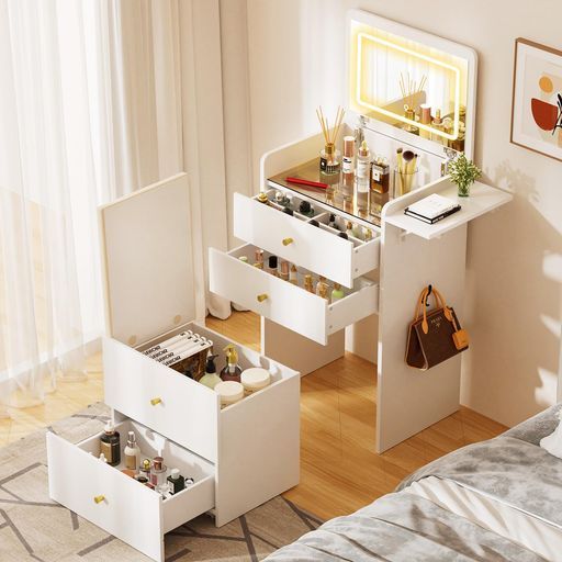 GTRACINGドレッサーコンパクト白ナイトテーブル照明付き LEDライトスツール付き隠しキャスター化粧台大容量収納力折りたたみサイドボードおしゃれ可愛い寝室用収納女優ミラーホワイト