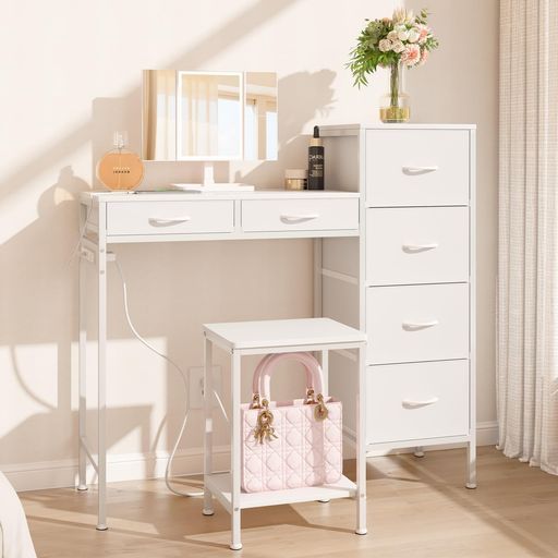 LunarLightドレッサーコンパクトミラー付き LEDライト明るさ無段階調整3点セット引き出し6つ付きコンセント付きスツール付き組立簡単椅子付き幅89 x奥行き30 x高さ86 cm鏡台女優ミラー収納沢…