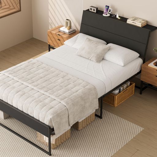 Naotico布張りベッドフレームソフトパッド付き傾斜があるヘッドボードファブリックベッドソファのようなセミダブルベッド照明-コンセント内蔵広めの多機能宮棚高耐荷重350 kg 30 cmの床下収…