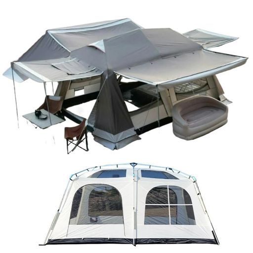 FengzelOutdoor大型ワンタッチテント4-6|8-12人用黒UVカット加工耐水圧5000 mm 99.9%紫外線防止アルミ製骨組み大面積タープ付き格子窓二重層ファミリーグループキャンプ用キャノピーテント コーヒー