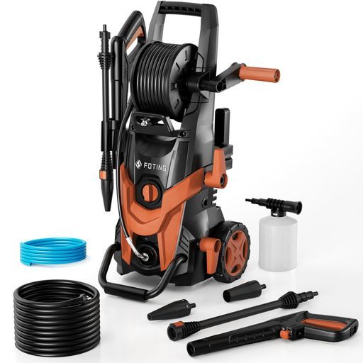 FOTING高圧洗浄機14.5 MPaパワフル洗浄コンパクト収納簡単持ち運びタイヤ標準付属品充実二つハイパワーなノズルモバイル家庭用高圧クリーナー洗車自転車庭ベランダ泥花粉除去効果50|60 HZ