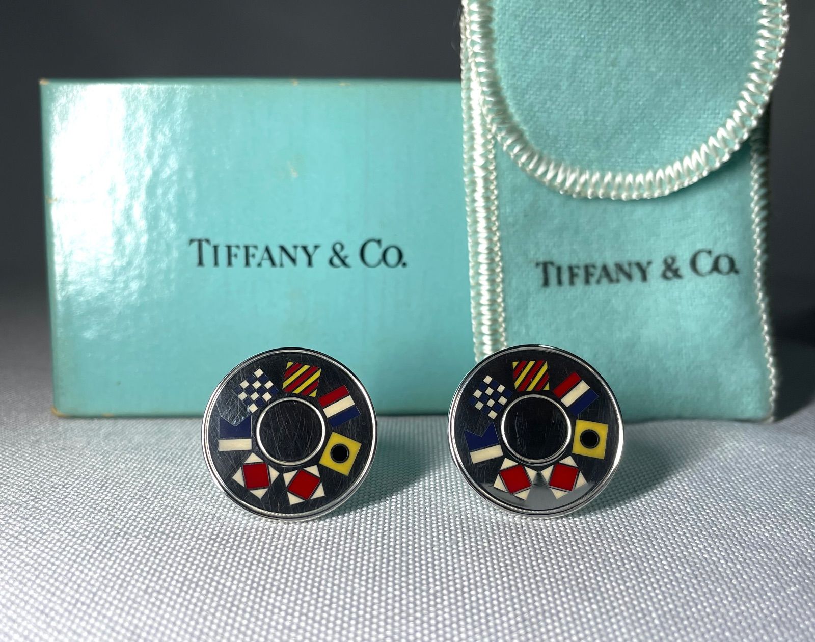 美品 Tiffany ティファニー エナメルフラッグデザイン ラージカフス