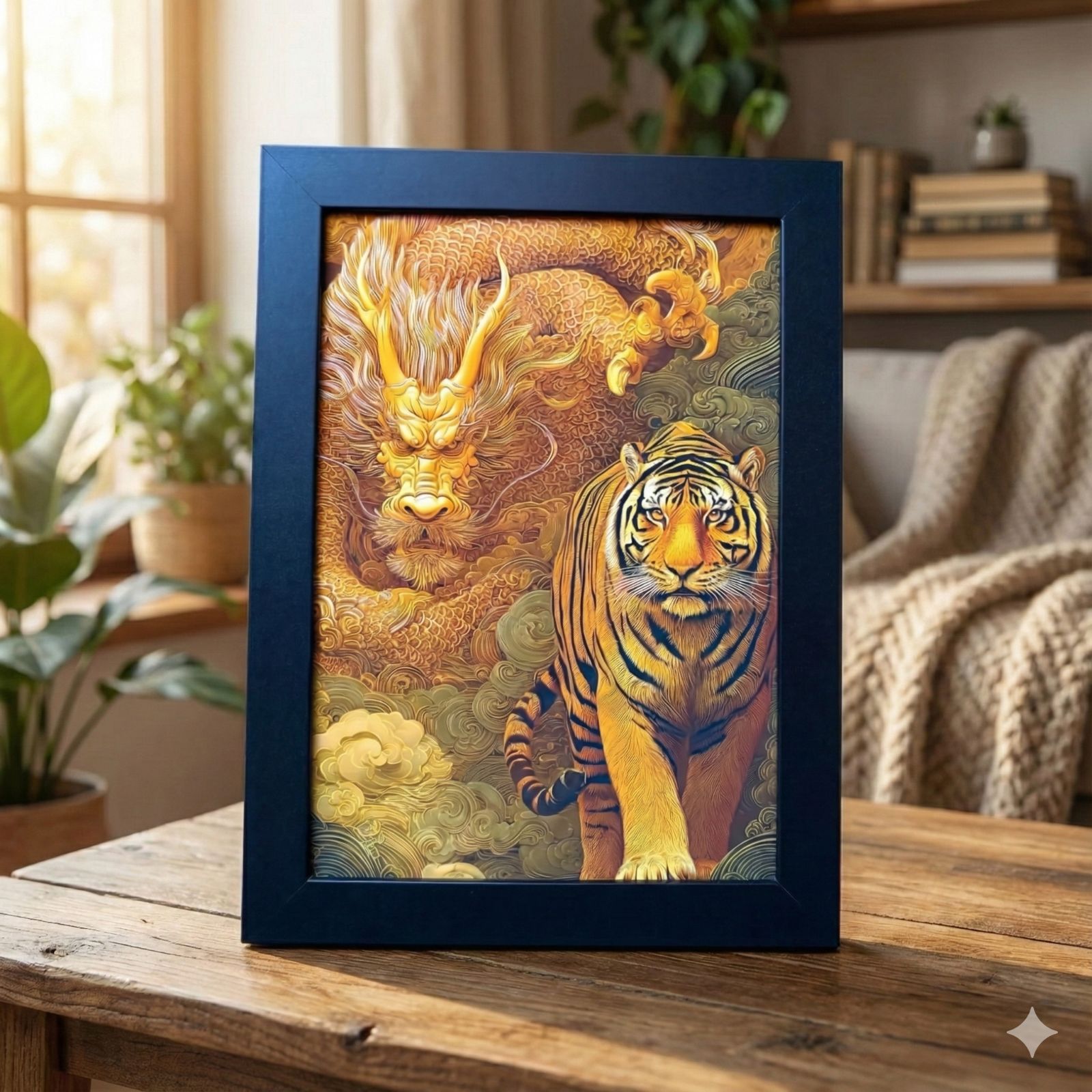 【開運絵画】「水辺の虎と蝶」の油彩画　超絶技巧　L.Chen 龍 虎 2L アート 高画質 額付き 開運 風水 金運 インテリア 絵画 置物