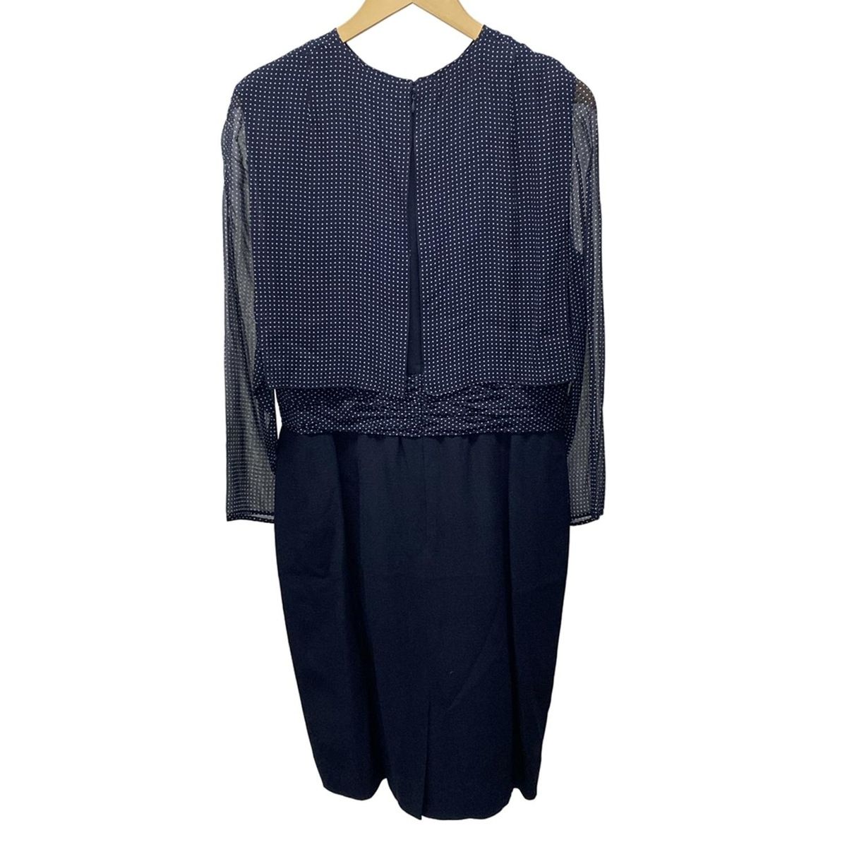 アクリス ワンピース サイズCH 42 レディース - ダークネイビー×白 クルーネック|長袖|ロング|シルク|ボーダー|ドット柄|シースルー