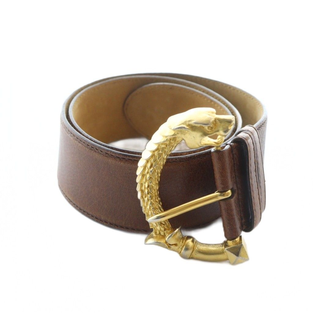 プラダ PRADA ヴィンテージ レザーベルト ドラゴンバックル ゴールド金具 ロゴ 75/30 茶 ブラウン GY19 /MQ OH