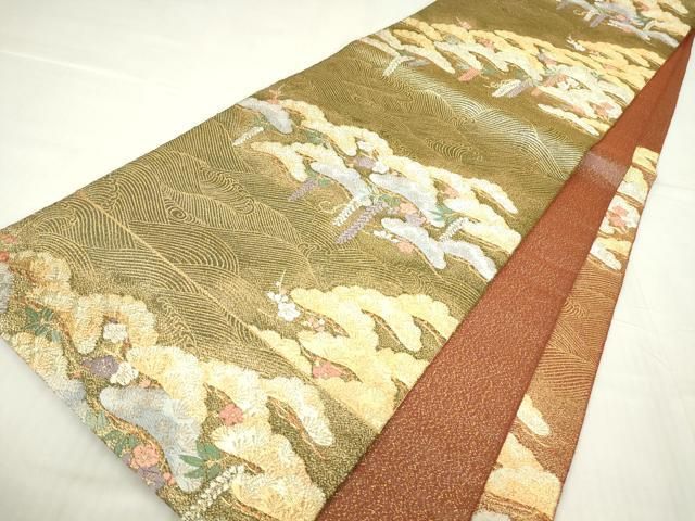 平和屋着物▽綴れ 六通柄袋帯 こくし織 花松文 金糸 正絹 逸品