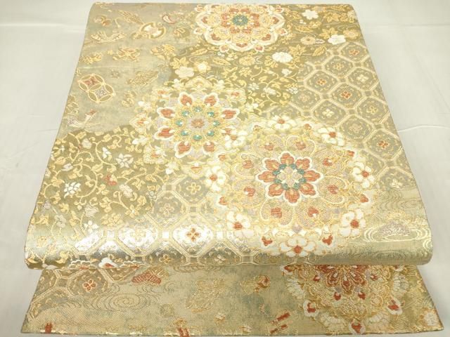 平和屋着物▽六通柄袋帯 正倉院花文 金銀糸 正絹 逸品 DABA4145az