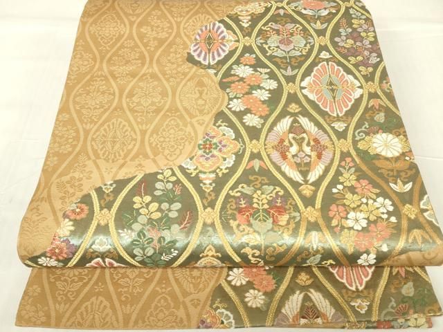 平和屋着物▽六通柄袋帯 立涌双鶴舞蝶文 金糸 正絹 逸品 DABA4156az