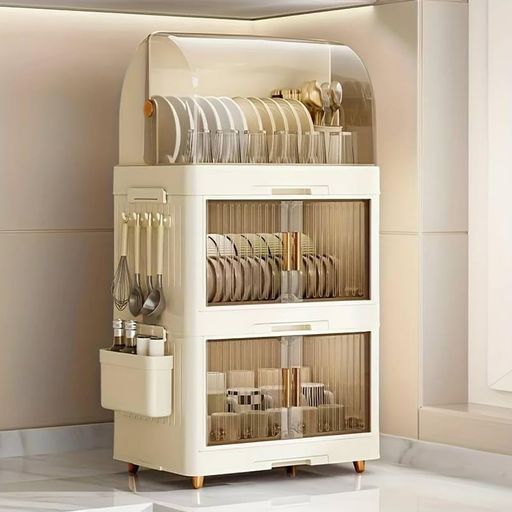 HEEOREV食器棚キッチン収納収納棚キッチンラック水切りラック多機能収納家庭用キッチン 旅行用軽量食器水切りボウル蓋カバー付き食器乾燥ラック防塵大容量食器保管 クリーム 39.5 x 26.5 x…