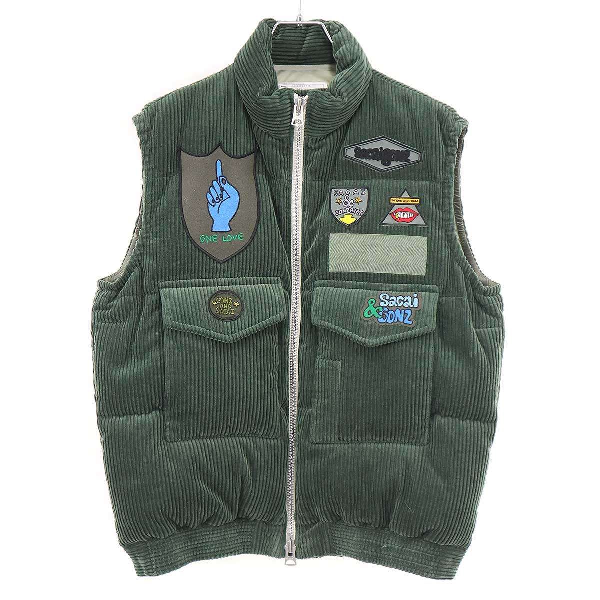sacai×Mark Gonzales Gonz サカイ マークゴンザレス ゴンズ 24 AW Multi Patch Down Vest コーデュロイダウンベスト 24-03551 M グリーン 1