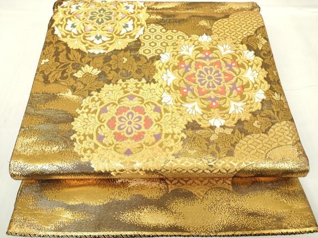 平和屋着物▽佐賀錦 六通柄袋帯 正倉院花文 金糸 正絹 逸品 DABA4162az