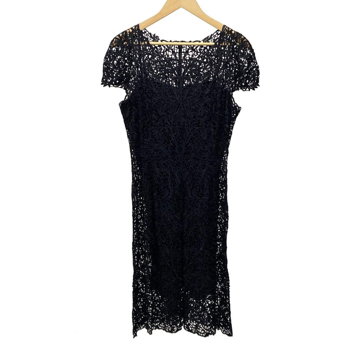 クリスセリーン ワンピース サイズ44 L レディース - ダークネイビー×黒 クルーネック|半袖|ロング|レース|DAMAcollectionコラボ