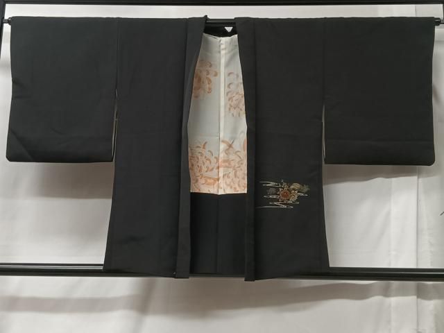 平和屋着物＃羽織 寿光織 扇面花文 黒地 金銀糸 正絹 逸品 CABB5479ua