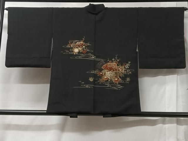 平和屋着物＃羽織 寿光織 扇面花文 黒地 金銀糸 正絹 逸品 CABB5479ua