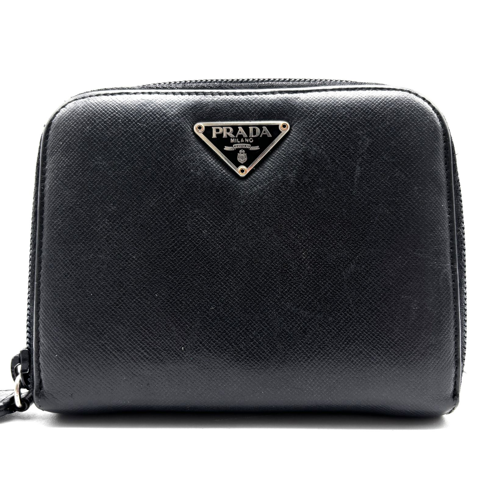 PRADA プラダ 二つ折り財布 三角ロゴプレート サフィアーノレザー 本革 ブラック メンズ レディース フォーマル ビジネス
