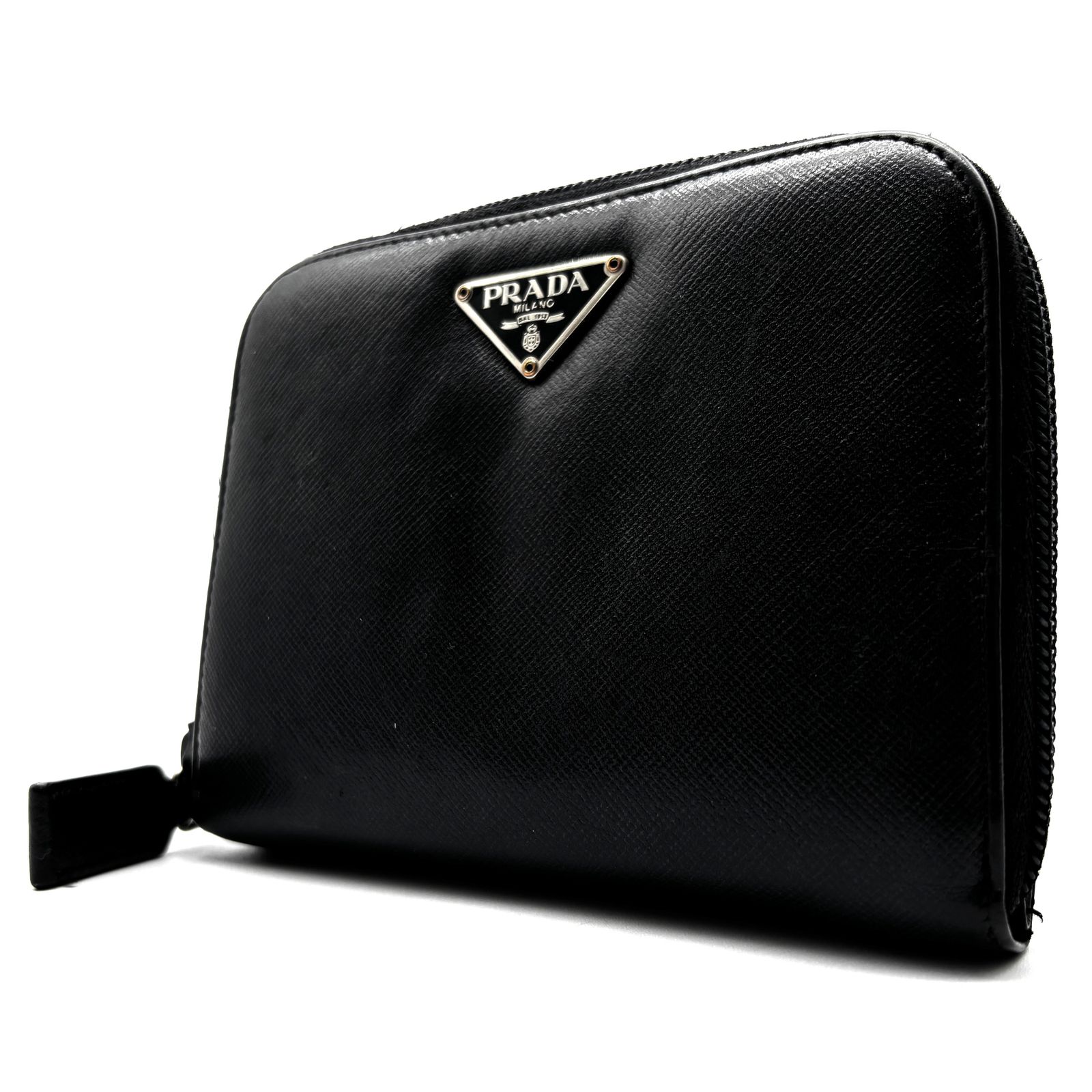 PRADA プラダ 二つ折り財布 三角ロゴプレート サフィアーノレザー 本革 ブラック メンズ レディース フォーマル ビジネス