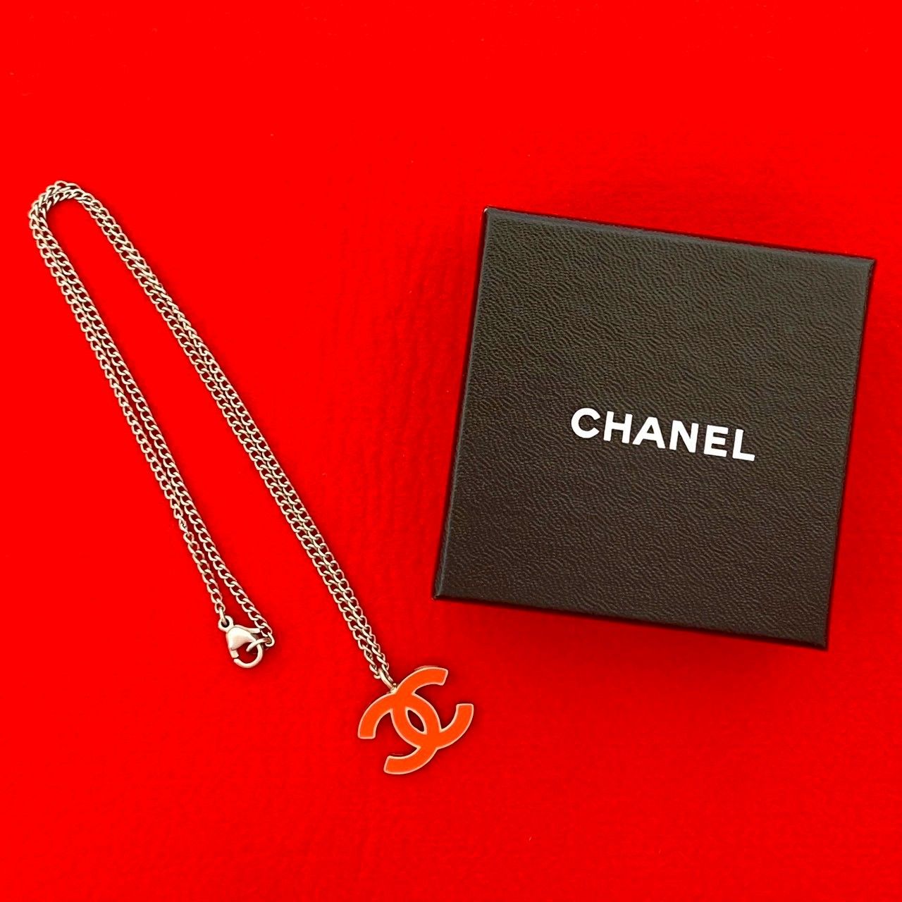 き コメあり 04 P CHANEL シャネル ヴィンテージ ココマーク メッキ チェーン ネックレス ペンダント シルバー レッド 34516