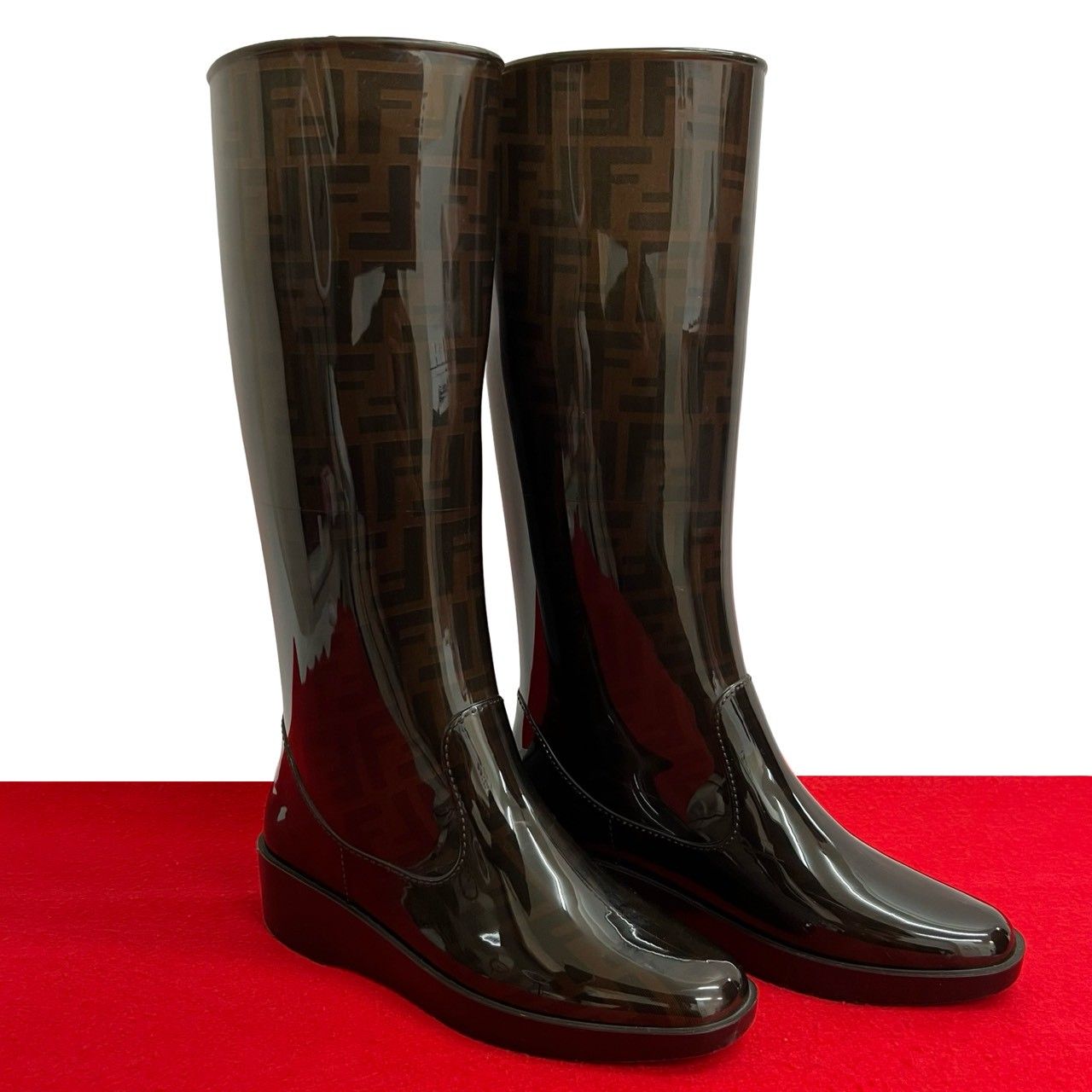 品 FENDI フェンディ ズッカ FF ロゴ 柄 ラバー レインブーツ ロングブーツ サイズ39 24.5 cm ブラウン ブラック mss 913 f