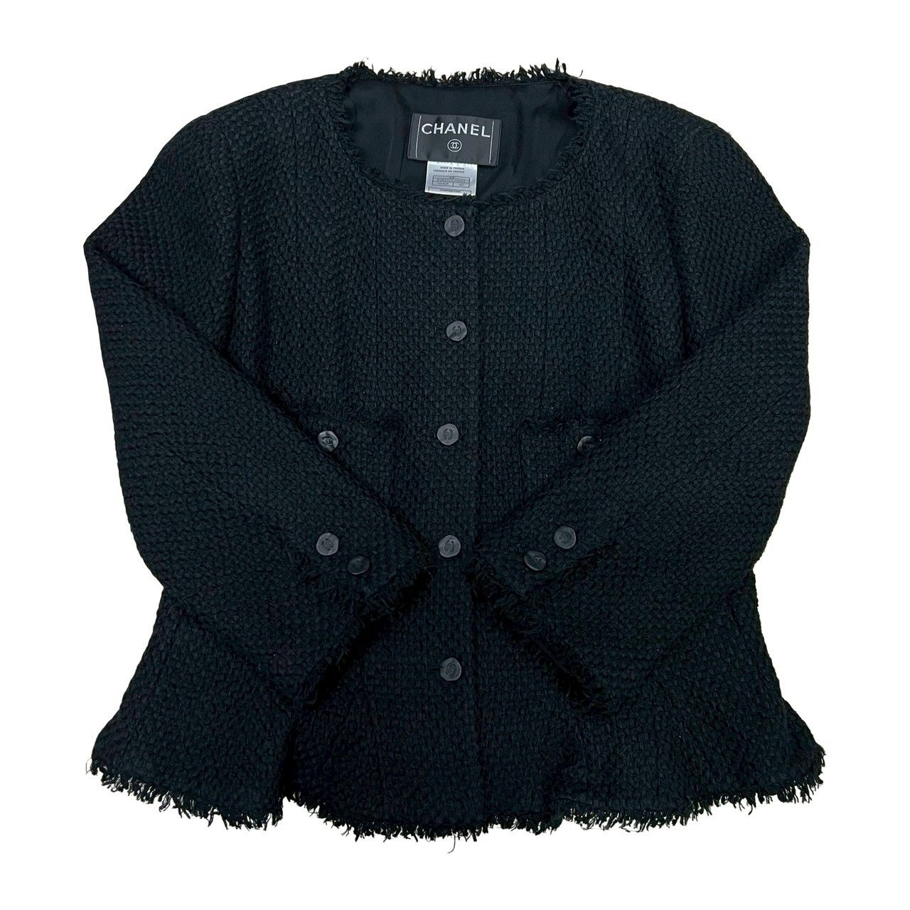 品 CHANEL シャネル ツイード ココマーク ボタン シルク コットン ナイロン ノーカラージャケット ブラック 黒 62545