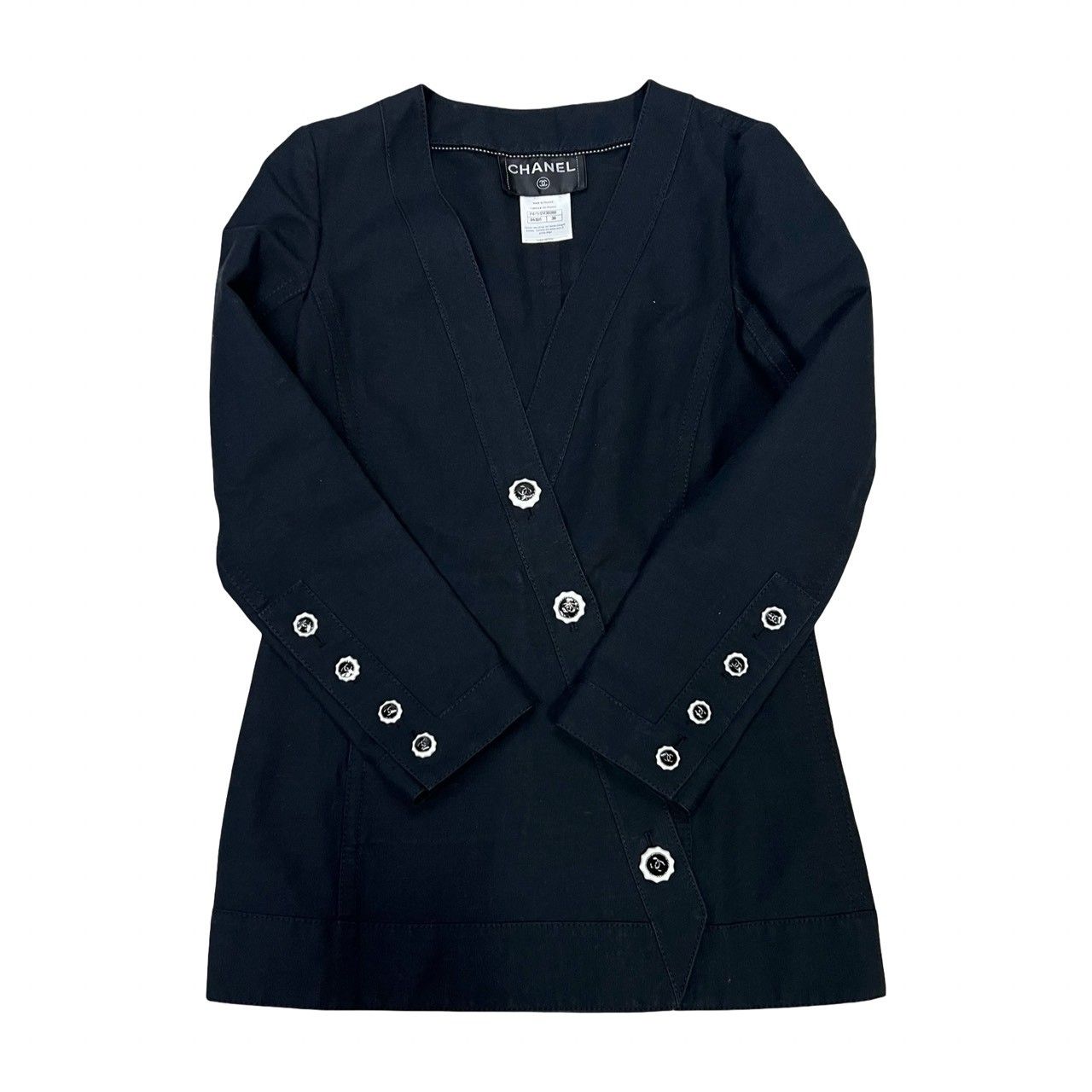 品 CHANEL シャネル ココマーク ボタン コットン リネン シルク ノーカラージャケット サイズ38 ブラック 黒 54588