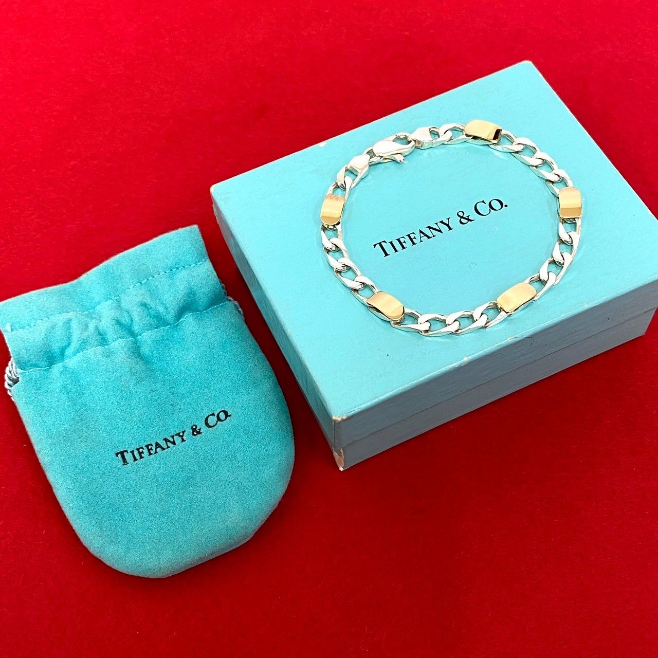 箱 袋付き TIFFANY-Co. ティファニー フィガロ チェーン シルバー925 K 18ゴールド ブレスレット シルバー 21040