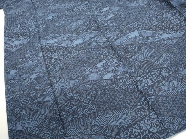 平和屋着物□上質な小紋 藍 型染 立波花鳥文 正絹 逸品 DABA9325qa